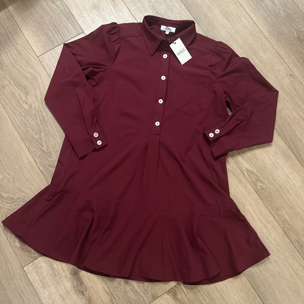 NEW Avara Dress Women's Large Wine Tasting Shirt Dress Burgundy Red Poly Button‎